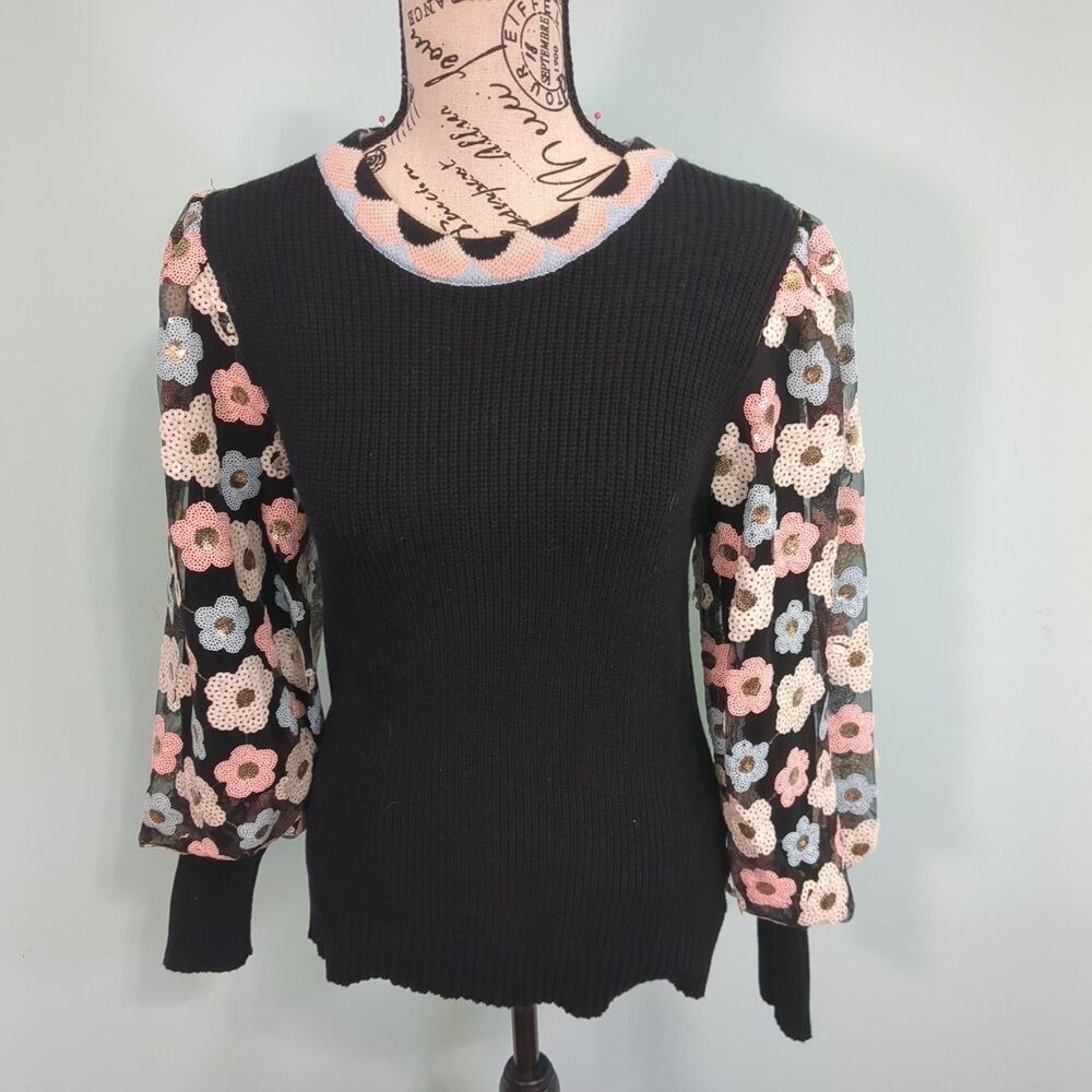 Fate Floral Sequin Sleeve Contrasting Sweater small